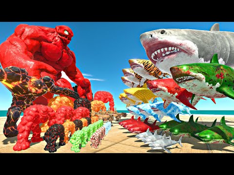 Sea Monsters Fights Lava Golem Team | Mutant Megalodon vs Giant Golem-Animal Revolt Battle Simulator
