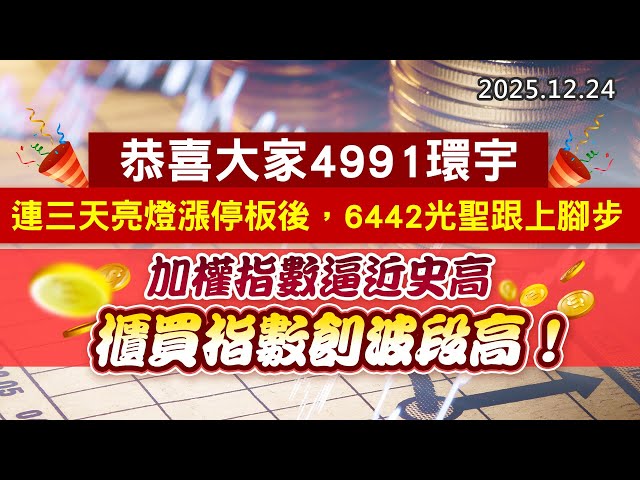 20251224《股市最錢線》#高閔漳 “恭喜大家4991環宇，連三天亮燈漲停板後，6442光聖跟上腳步”” 加權指數逼近史高，櫃買指數創波段高！”