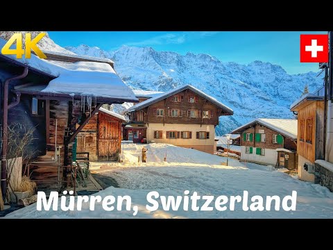 Mürren, Switzerland, Snowy walk in Swiss most beautiful village 4K - Fairytale Mountain village