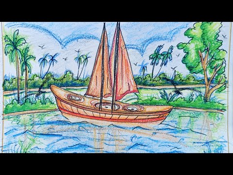 Scenery drawing || Beautiful landscape river side village scenery #nature #drawing #scenery