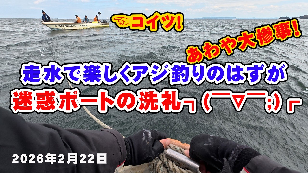 走水のレンタルボートでアジ釣りのはずが、迷惑な初心者ボートにぶつけられそうになり、挙句にアンカーロープを絡ませられ大惨事になる所でした！2026年2月22日