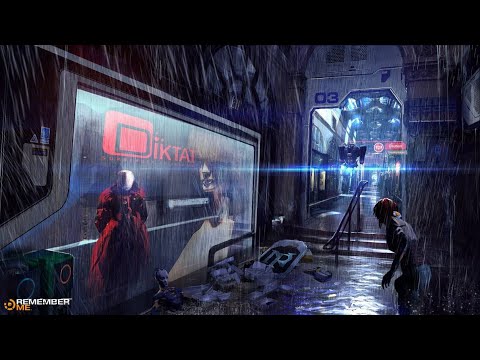 ASMR Cyberpunk Ambience - AMBIENT RAINSTORM & Future City Sounds with a black screen.