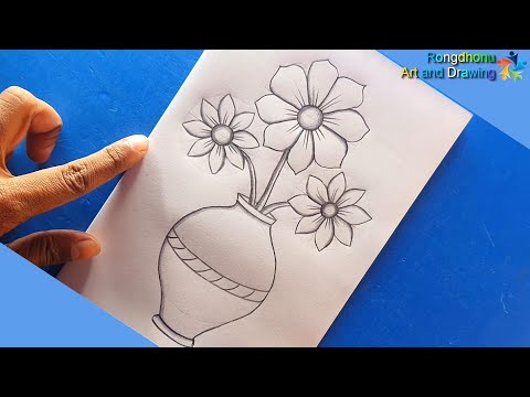 Drawing of flower basket with flowers || fulsoho fuler jhuri drawing