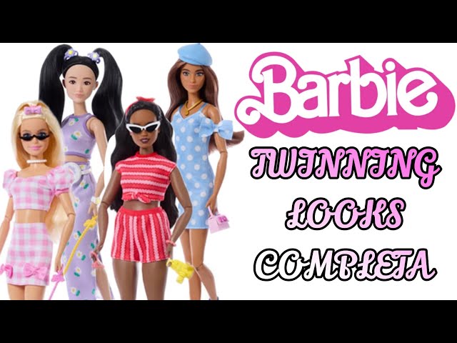 Vídeo relacionado con Barbie Twinning Looks Muñeca con perro mascota con ropa de vichy rosa a juego y accesorios como gafas de sol, collares y lazos, rubia, JFP36