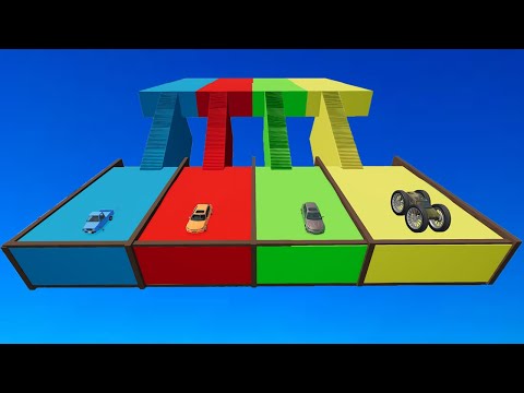 Funny Cars vs Stair Colors with Portal Trap - Cars vs Trains vs Rails - BeamNG.Drive