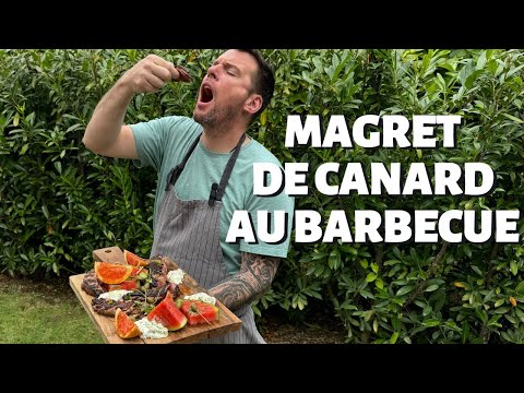 Grilled duck breast, watermelon and apple on the barbecue, mint‑skyr sauce