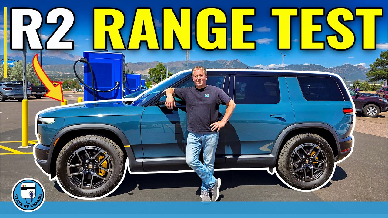 Rivian R2 at a Walmart charging station during a highway range test