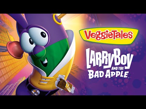 Promotional cover featuring LarryBoy and the VeggieTales logo with the title 'LarryBoy and the Bad Apple' on a purple background.