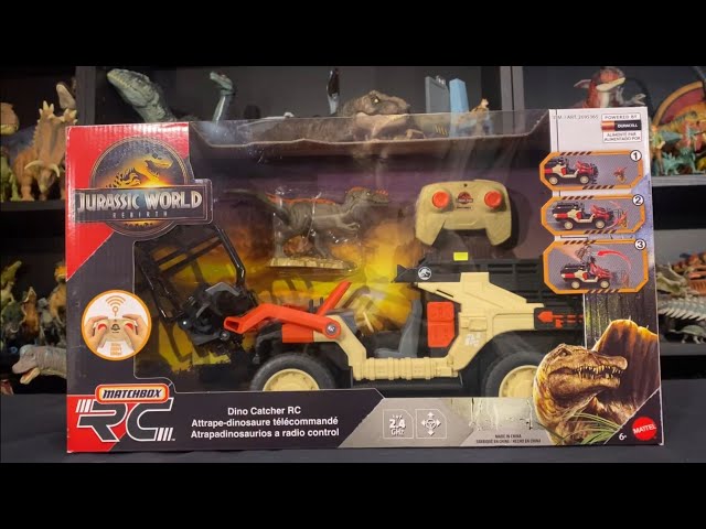 Vídeo relacionado con Mattel Jurassic World: El Renacer Matchbox RC Cazadinosaurios teledirigido Camión de juguete teledirigido a pilas con figura de dinosaurio y jaula de captura para transportar al dinosaurio, JHB67