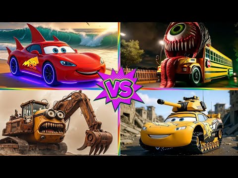 Shark Lightning Car 🆚 MonsterSchool Bus 🆚 Angry Crusher Excavator 🆚Tank Super Car Tiles Hop EDM Rush