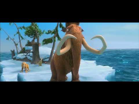 Official trailer still: Manny, Sid, and Diego on an ice raft as a storm brews on the open sea