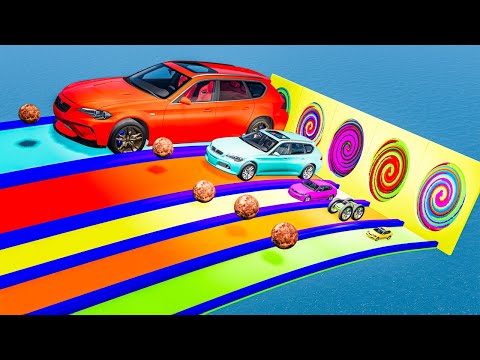 Big and Small Cars vs Slide Colors with Portal Trap – Cars vs Rails vs Trains Police –BeamNG.Drive
