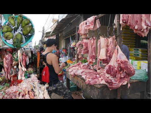 Morning Food Market Scene @Khan Prek Phnov - Activities Vendor Selling Food at Market in Morning