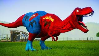 Dinossauro Rex do Homem Aranha vs Carnotauro do Hulk - Jogo de Dinossauro Jurassic World Evolution