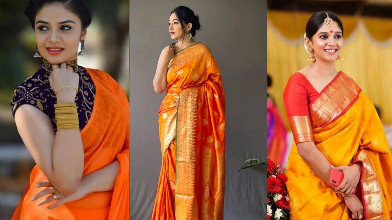 Watch video Stunning Orange saree with contrast blouse designs, Orange silk saree with combination blouse ideas Now Stunning Orange saree with contrast blouse designs, Orange silk saree with combination blouse ideas