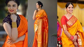 Stunning Orange saree with contrast blouse designs, Orange silk saree with combination blouse ideas