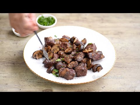 Air Fryer Steak Bites & Mushrooms with Time & Temp.