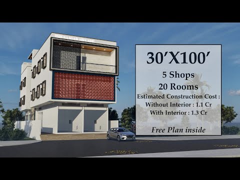 30X100 Commercial Building Design | 3000 Sqft Building Design | 20 Rooms with 5 Shops