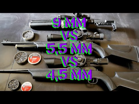 Luftgewehr Flugbahn und Energie / Vergleich zwischen 4,5mm, 5,5mm und 9mm