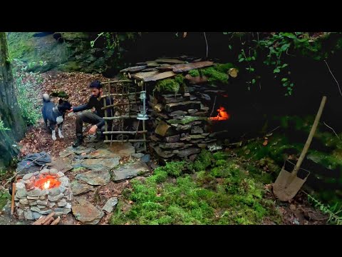 7 Tage Solo Survival Camping im Regenwald, Thunder - Bushcraft, Building Stone House Fireplace
