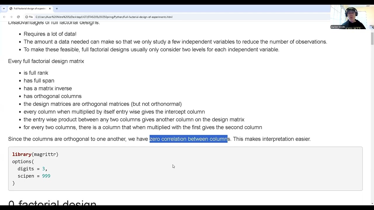 Full factorial design of experiments