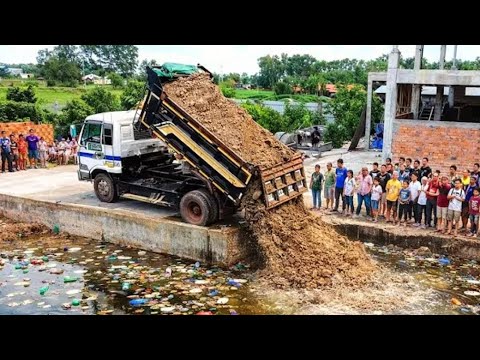 Amazing Complete PROJECT! Dump Truck 5 TonUnloading Soil And Skill Bulldozer Pushing Soil
