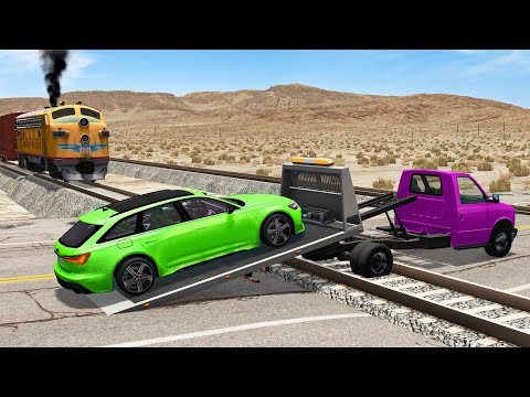Car Transporter Truck Car Rescue - Cars vs Rails and Trains - BeamNG.Drive