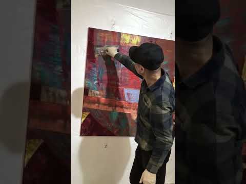 Schneefalleffekt mit rot, Rakeltechnik. Snowfall effect with red. Squeegee painting.