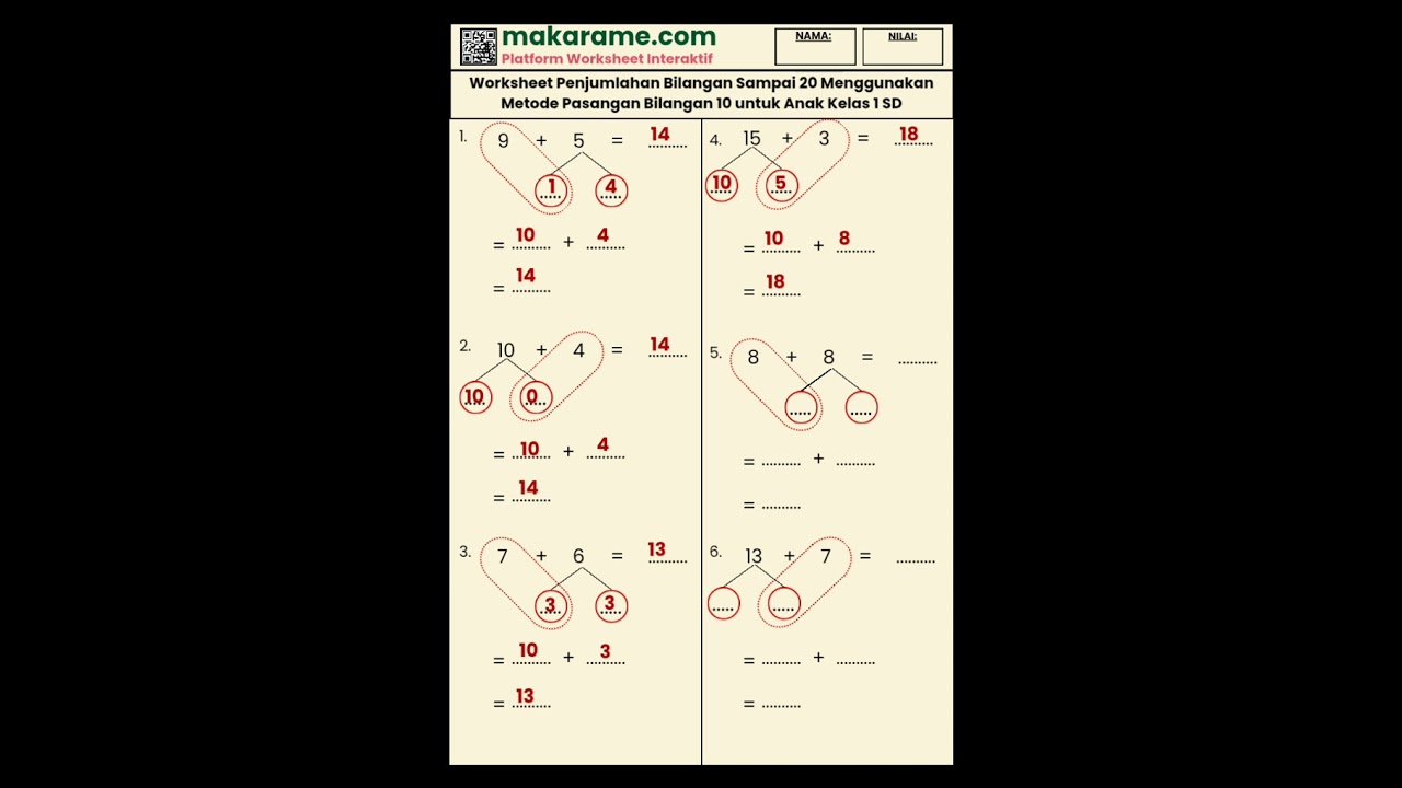 Worksheet Penjumlahan Bilangan Sampai 20 Menggunakan Metode Pasangan Bilangan 10 untuk Kelas 1 SD