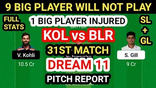 KOL vs BLR Dream 11 Team Prediction | KKR vs RCB Dream 11 Team Analysis 31st Match Pit Rep Playing11