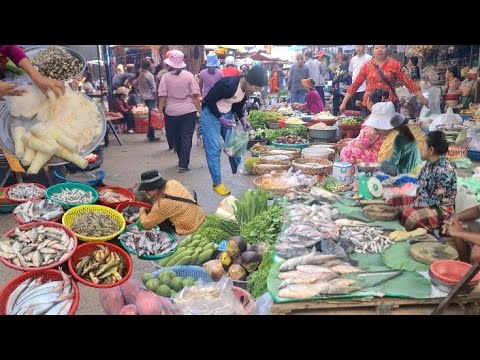 Routine Shopping At Countryside Market Cambodia. Fresh Fish, Bamboo Shoots, Beef Offal And More.