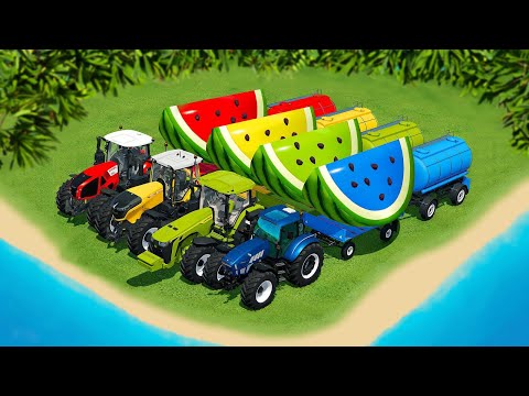 JOHN DEERE vs CLAAS vs FENT TRACTORS BATTLE WITH WATERMELONS, DINOSAURS AND FRUITS - FS 22