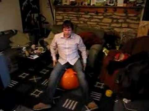 Escaped lunatic bouncing on a space hopper