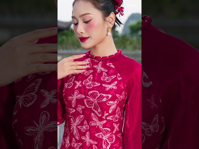 ND25B596 - Sét bộ áo dài tơ họa tiết hồ điệp 3D