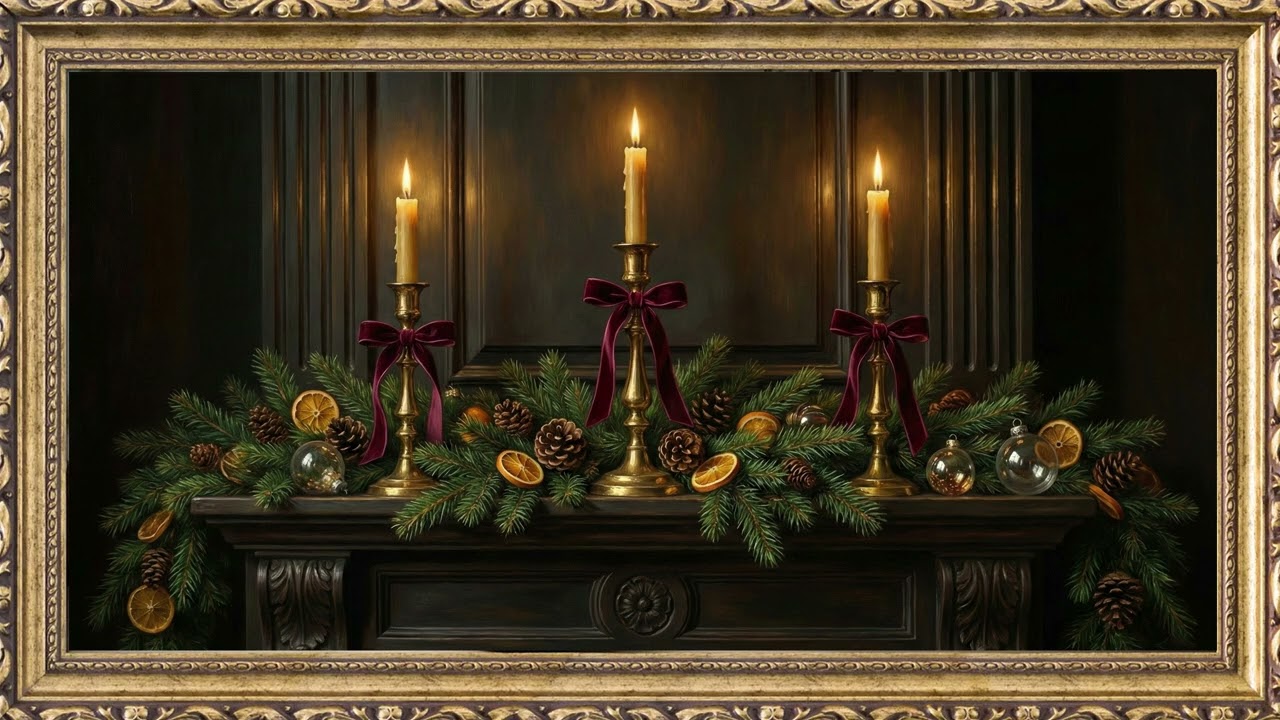 Christmas Fireplace Mantel Candlelight Gold Frame TV Art Screensaver | 2 Hours 4K — 4K ambient art screensaver in baroque gold frame