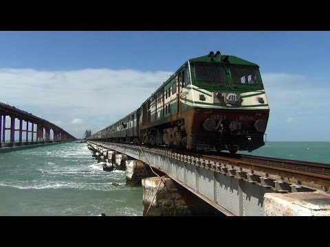 Train over waters of Palk Strait at Pamb
