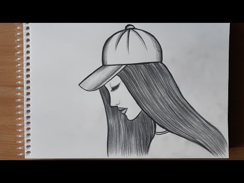 dessin au crayon d'une fille avec une casquette, dessin au crayon facile, dessin au crayon fille 💔