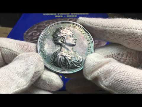 Karl XII, Silvermedalj 1706 med anledning av segern i slaget vid Fraustadt, av Arvid Karlsteen