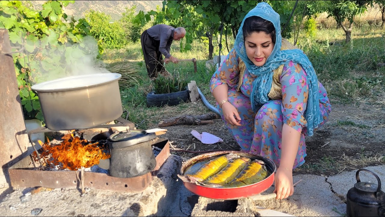 Cooking lamb neck, local butter and salmon in Iranian village style