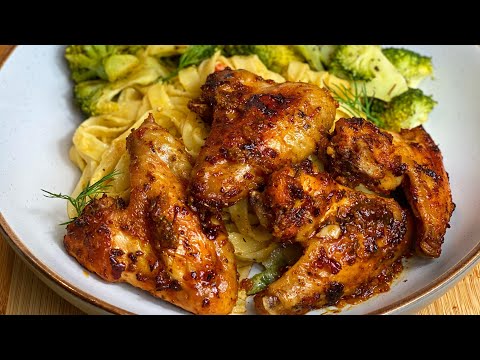 Dinner for my kids! Juicy baked chicken wings with Rasta pasta and some Veg! You will make it weekly