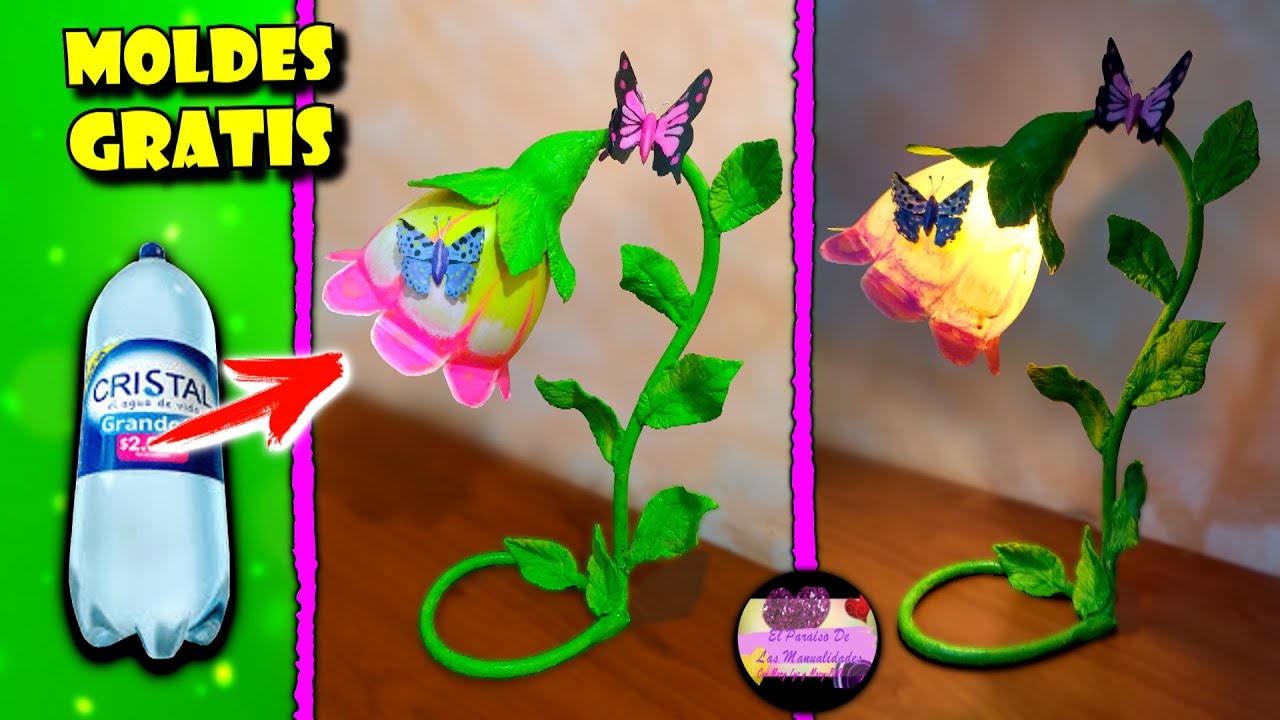 Diy Lampara casera en forma de flor luminosa con botellas de plástico decorada con mariposas | Epdlm