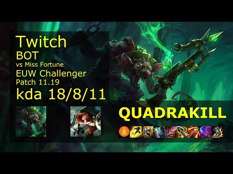 Twitch ADC vs Miss Fortune - EUW Challenger 18/8/11 Patch 11.19 Gameplay