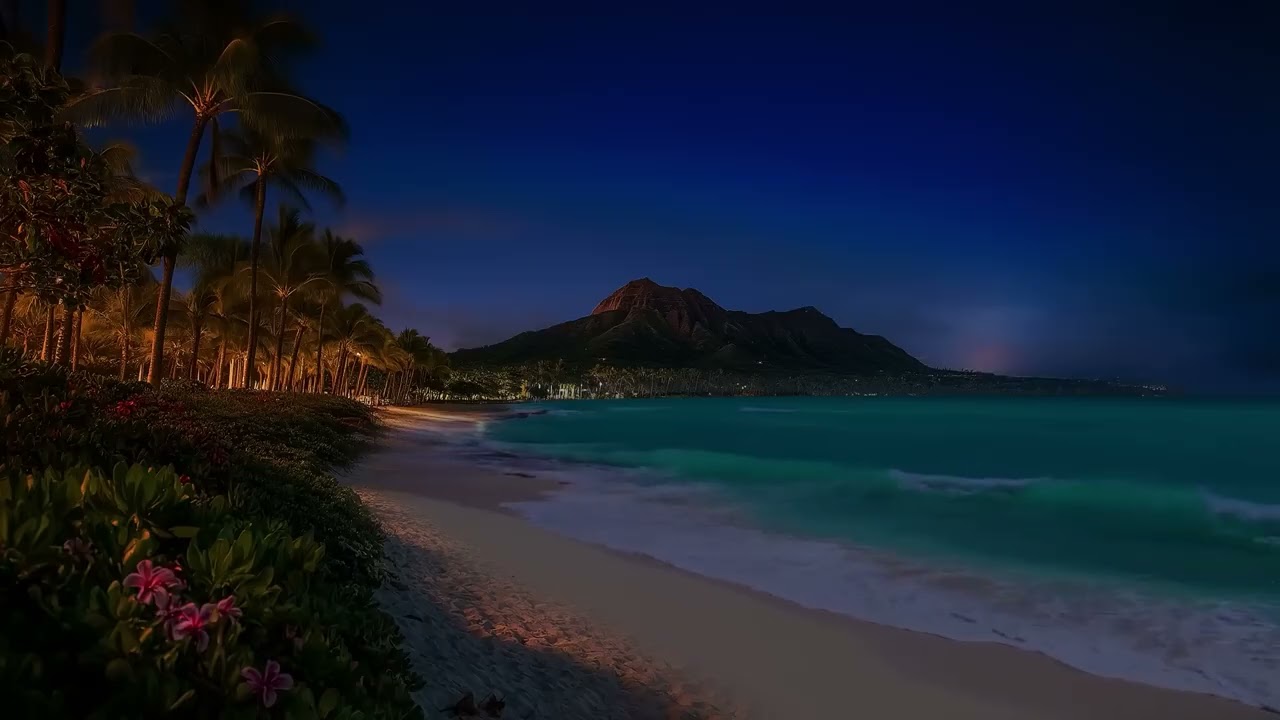 Midnight in Hawaii ¦ Quiet Island Coast & Ocean Waves 1080p 30fps