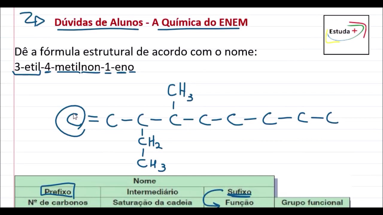 Dê a fórmula estrutural de acordo com o nome: 3-etil-4-metilnon-1-eno