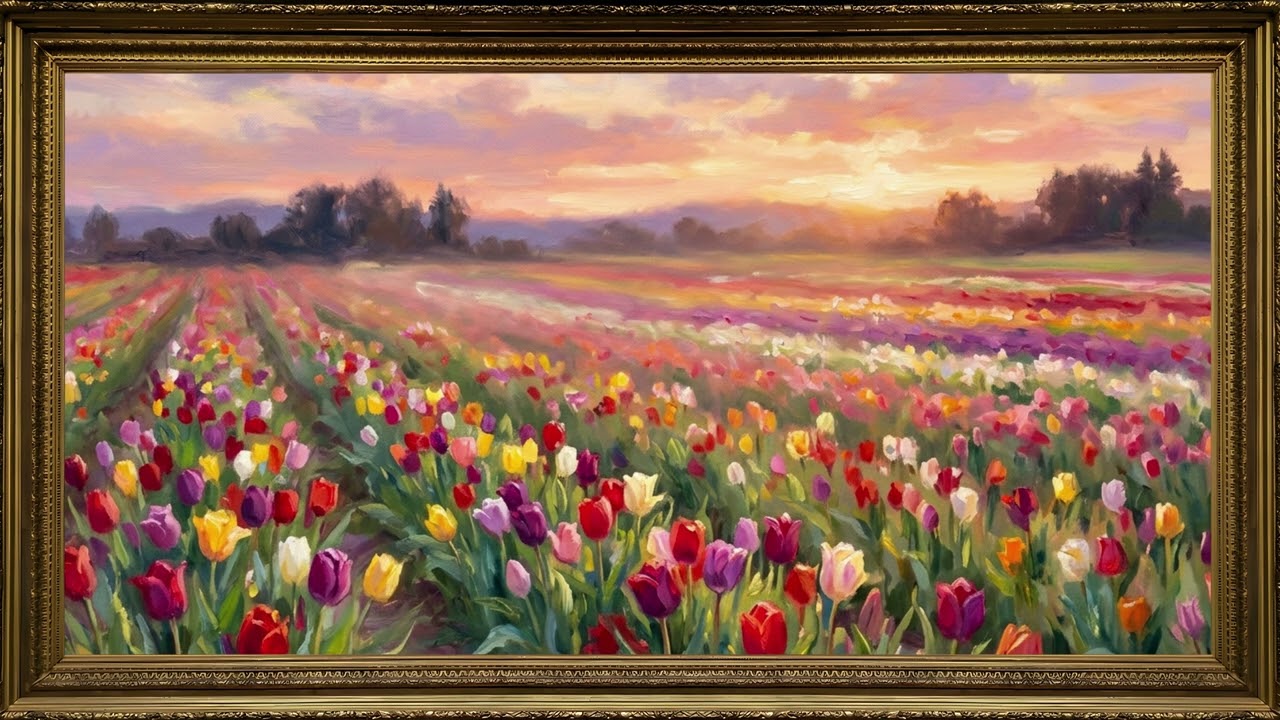 Tulip Field Sunrise Gold Frame TV Art Screensaver | 2 Hours 4K Music — 4K ambient art screensaver in baroque gold frame