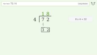 72/4 Long Division — Step-by-Step | Tiger Algebra Solver