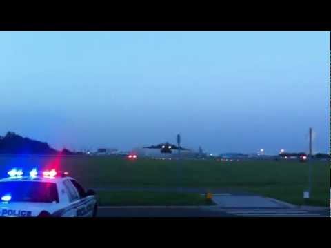 Military C-17 cargo plane taking off from Peter O. Knight Airport on Davis Islands