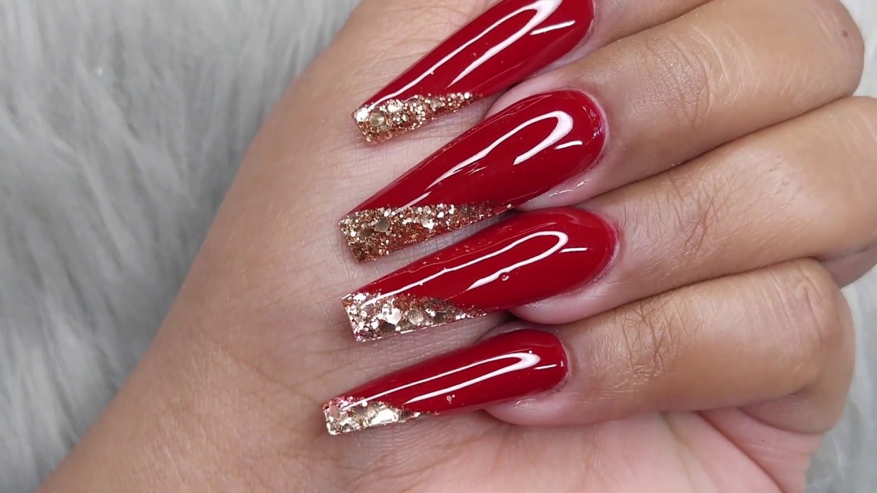 Red & Gold Glitter Side French/ Acrylic Nails (english)
