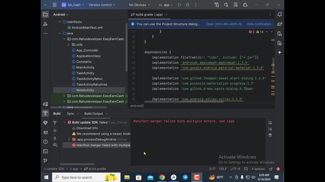 How to Manifest merger failed with multiple errors, see logs, Problem solve
