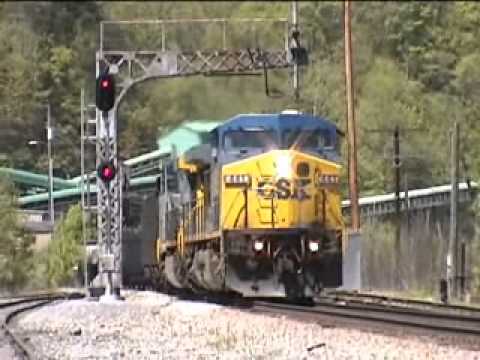 Coal train U348 passes under the classic C&O signal Levisa Jct, KY.  4/23/2002